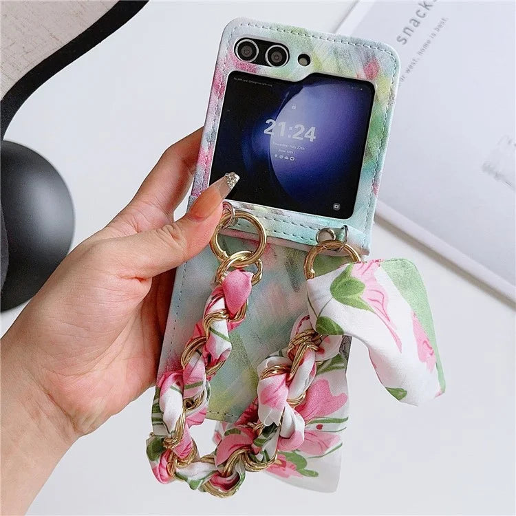 For Samsung Galaxy Z Flip6 5G Case Pattern Leather+PC Phone Cover with Scarf Handle Strap