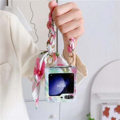 For Samsung Galaxy Z Flip6 5G Case Pattern Leather+PC Phone Cover with Scarf Handle Strap