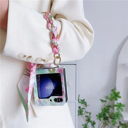 For Samsung Galaxy Z Flip6 5G Case Pattern Leather+PC Phone Cover with Scarf Handle Strap
