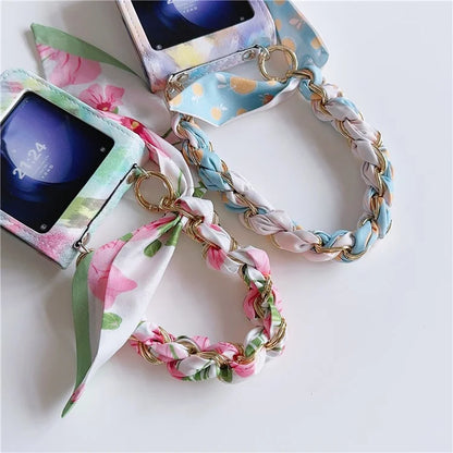 For Samsung Galaxy Z Flip6 5G Case Pattern Leather+PC Phone Cover with Scarf Handle Strap