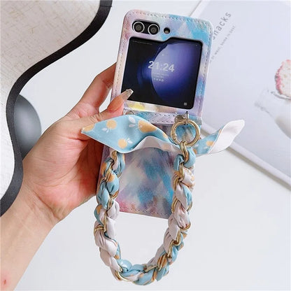 For Samsung Galaxy Z Flip6 5G Case Pattern Leather+PC Phone Cover with Scarf Handle Strap