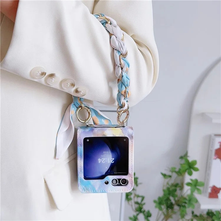 For Samsung Galaxy Z Flip6 5G Case Pattern Leather+PC Phone Cover with Scarf Handle Strap