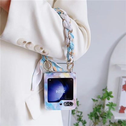 For Samsung Galaxy Z Flip6 5G Case Pattern Leather+PC Phone Cover with Scarf Handle Strap