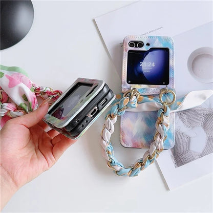 For Samsung Galaxy Z Flip6 5G Case Pattern Leather+PC Phone Cover with Scarf Handle Strap