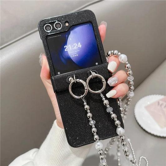 For Samsung Galaxy Z Flip6 5G Case Hinge Protection Leather+PC Phone Cover with Crossbody Beaded Strap