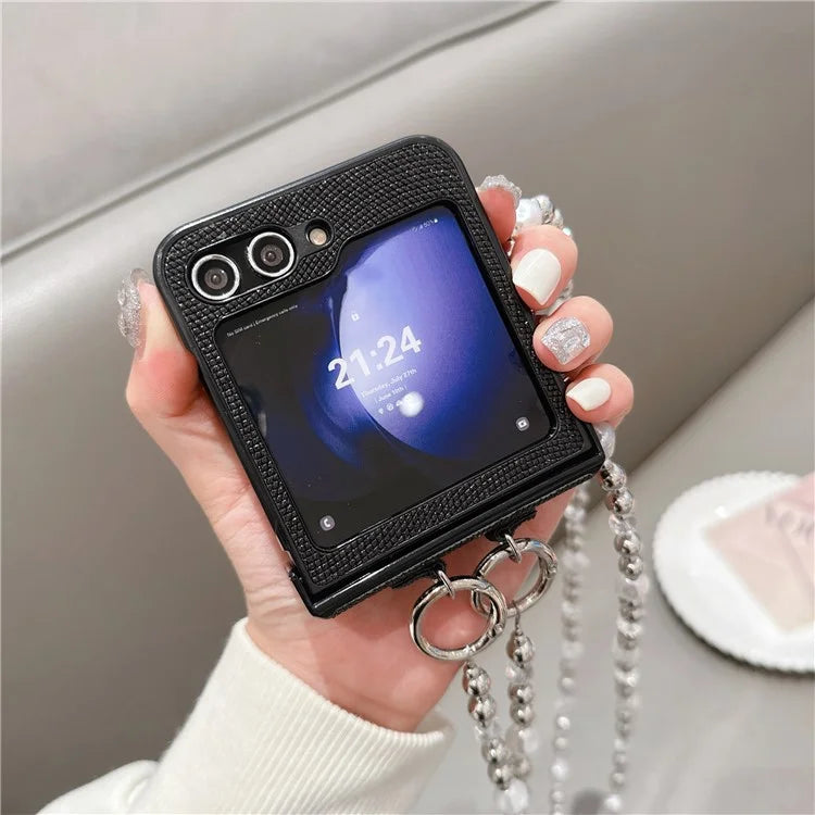 For Samsung Galaxy Z Flip6 5G Case Hinge Protection Leather+PC Phone Cover with Crossbody Beaded Strap