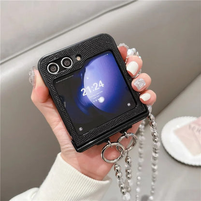 For Samsung Galaxy Z Flip6 5G Case Hinge Protection Leather+PC Phone Cover with Crossbody Beaded Strap