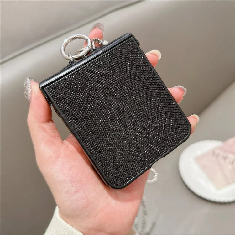 For Samsung Galaxy Z Flip6 5G Case Hinge Protection Leather+PC Phone Cover with Crossbody Beaded Strap