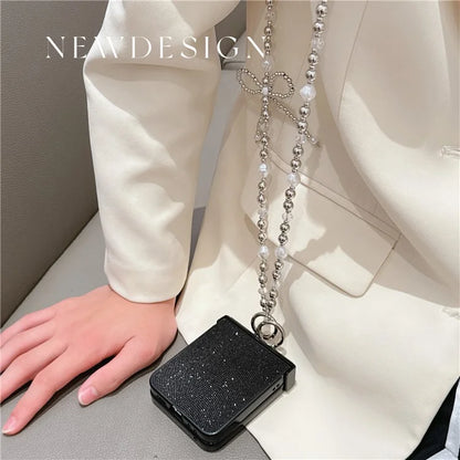 For Samsung Galaxy Z Flip6 5G Case Hinge Protection Leather+PC Phone Cover with Crossbody Beaded Strap