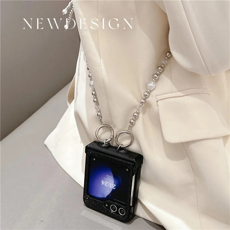 For Samsung Galaxy Z Flip6 5G Case Hinge Protection Leather+PC Phone Cover with Crossbody Beaded Strap