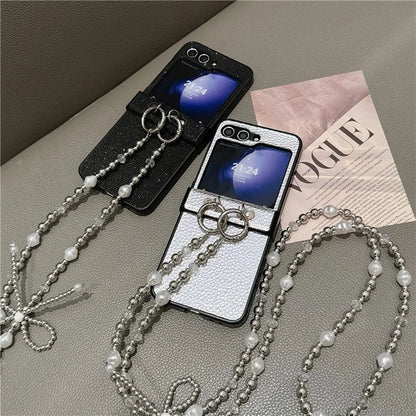 For Samsung Galaxy Z Flip6 5G Case Hinge Protection Leather+PC Phone Cover with Crossbody Beaded Strap