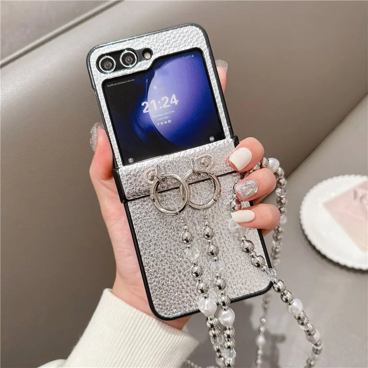 For Samsung Galaxy Z Flip6 5G Case Hinge Protection Leather+PC Phone Cover with Crossbody Beaded Strap