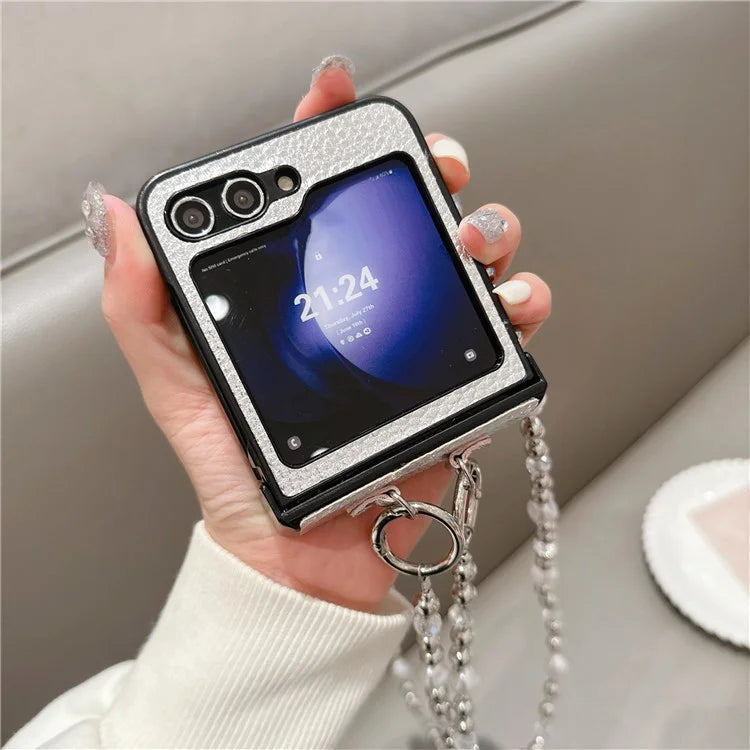 For Samsung Galaxy Z Flip6 5G Case Hinge Protection Leather+PC Phone Cover with Crossbody Beaded Strap