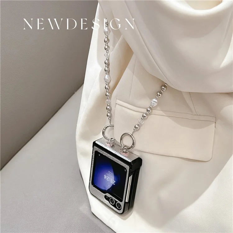 For Samsung Galaxy Z Flip6 5G Case Hinge Protection Leather+PC Phone Cover with Crossbody Beaded Strap