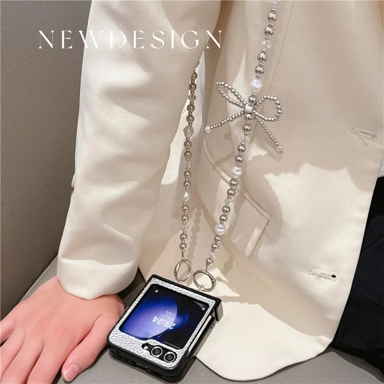 For Samsung Galaxy Z Flip6 5G Case Hinge Protection Leather+PC Phone Cover with Crossbody Beaded Strap