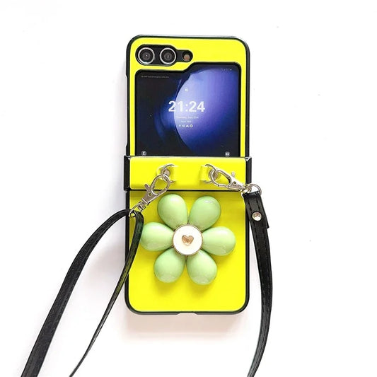 For Samsung Galaxy Z Flip6 5G Case 3D Flower Leather+PC Phone Cover with Crossbody Strap