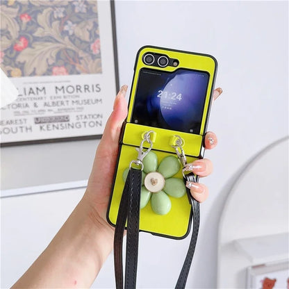 For Samsung Galaxy Z Flip6 5G Case 3D Flower Leather+PC Phone Cover with Crossbody Strap