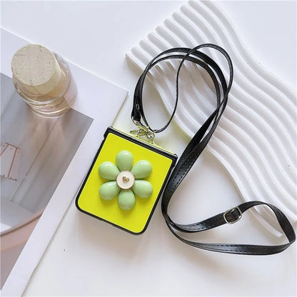 For Samsung Galaxy Z Flip6 5G Case 3D Flower Leather+PC Phone Cover with Crossbody Strap