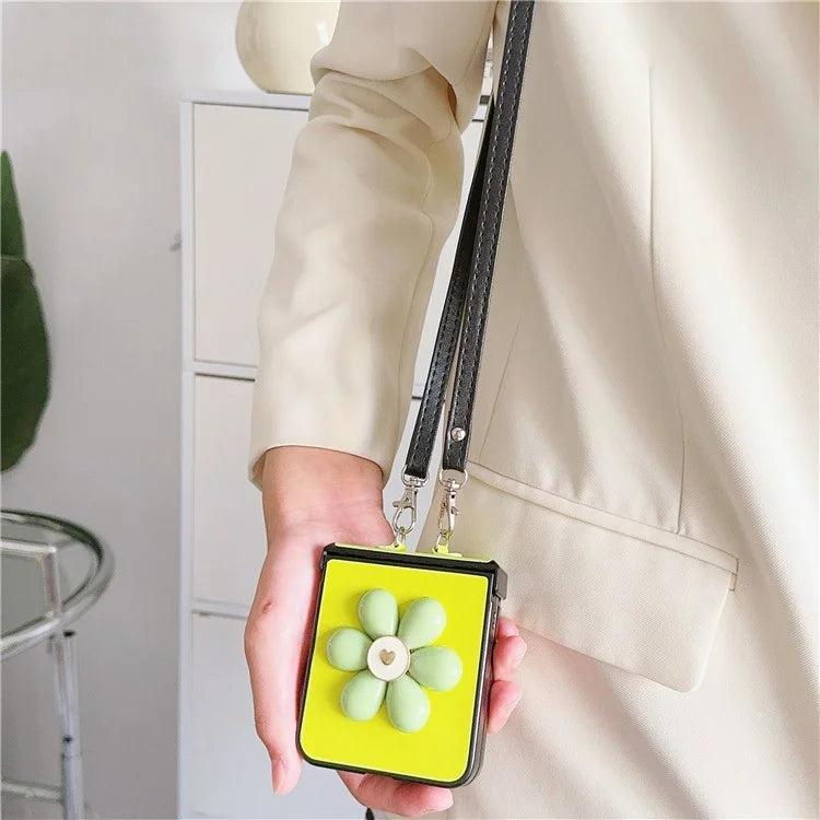 For Samsung Galaxy Z Flip6 5G Case 3D Flower Leather+PC Phone Cover with Crossbody Strap
