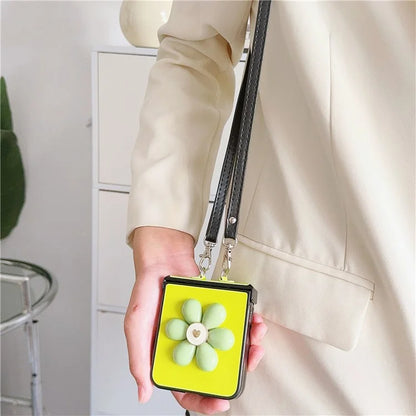 For Samsung Galaxy Z Flip6 5G Case 3D Flower Leather+PC Phone Cover with Crossbody Strap