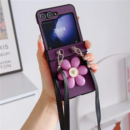 For Samsung Galaxy Z Flip6 5G Case 3D Flower Leather+PC Phone Cover with Crossbody Strap