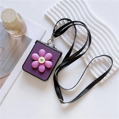 For Samsung Galaxy Z Flip6 5G Case 3D Flower Leather+PC Phone Cover with Crossbody Strap