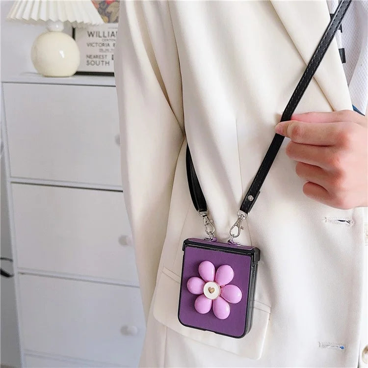 For Samsung Galaxy Z Flip6 5G Case 3D Flower Leather+PC Phone Cover with Crossbody Strap