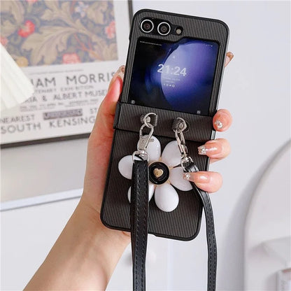 For Samsung Galaxy Z Flip6 5G Case 3D Flower Leather+PC Phone Cover with Crossbody Strap
