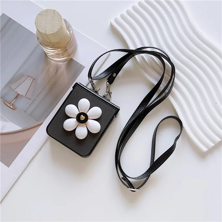 For Samsung Galaxy Z Flip6 5G Case 3D Flower Leather+PC Phone Cover with Crossbody Strap