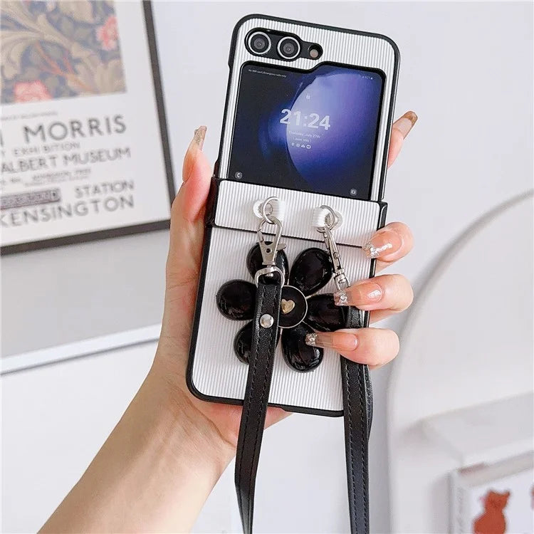 For Samsung Galaxy Z Flip6 5G Case 3D Flower Leather+PC Phone Cover with Crossbody Strap