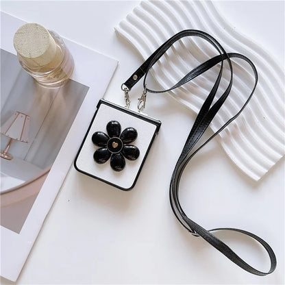 For Samsung Galaxy Z Flip6 5G Case 3D Flower Leather+PC Phone Cover with Crossbody Strap