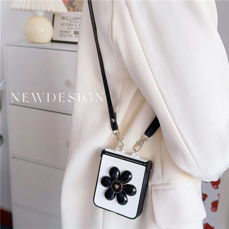 For Samsung Galaxy Z Flip6 5G Case 3D Flower Leather+PC Phone Cover with Crossbody Strap
