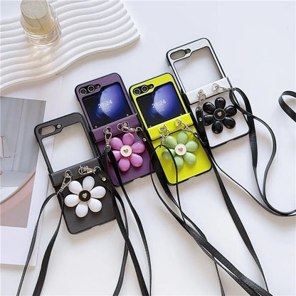 For Samsung Galaxy Z Flip6 5G Case 3D Flower Leather+PC Phone Cover with Crossbody Strap