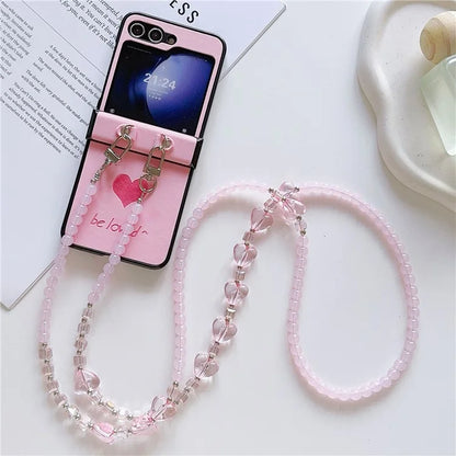 For Samsung Galaxy Z Flip6 5G Case Heart Pattern Leather+PC Phone Cover with Crossbody Beaded Strap