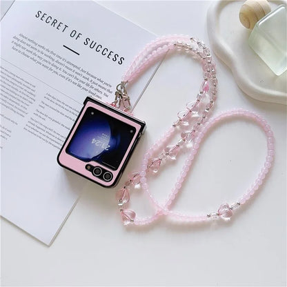 For Samsung Galaxy Z Flip6 5G Case Heart Pattern Leather+PC Phone Cover with Crossbody Beaded Strap