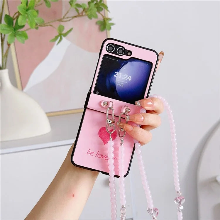 For Samsung Galaxy Z Flip6 5G Case Heart Pattern Leather+PC Phone Cover with Crossbody Beaded Strap