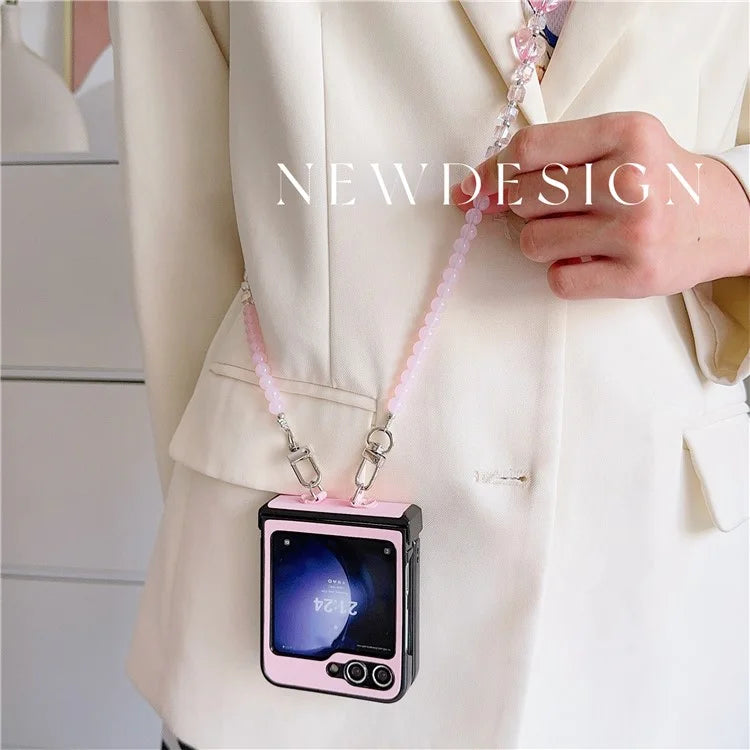 For Samsung Galaxy Z Flip6 5G Case Heart Pattern Leather+PC Phone Cover with Crossbody Beaded Strap