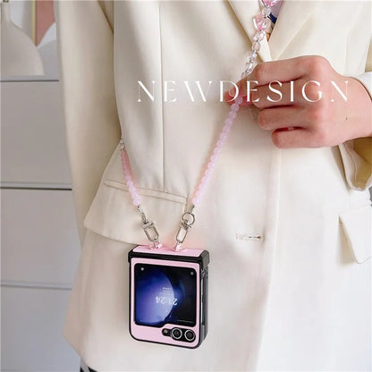 For Samsung Galaxy Z Flip6 5G Case Heart Pattern Leather+PC Phone Cover with Crossbody Beaded Strap