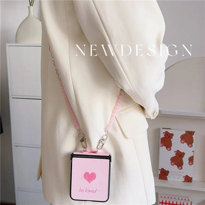 For Samsung Galaxy Z Flip6 5G Case Heart Pattern Leather+PC Phone Cover with Crossbody Beaded Strap