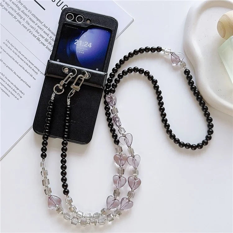 For Samsung Galaxy Z Flip6 5G Case Heart Pattern Leather+PC Phone Cover with Crossbody Beaded Strap