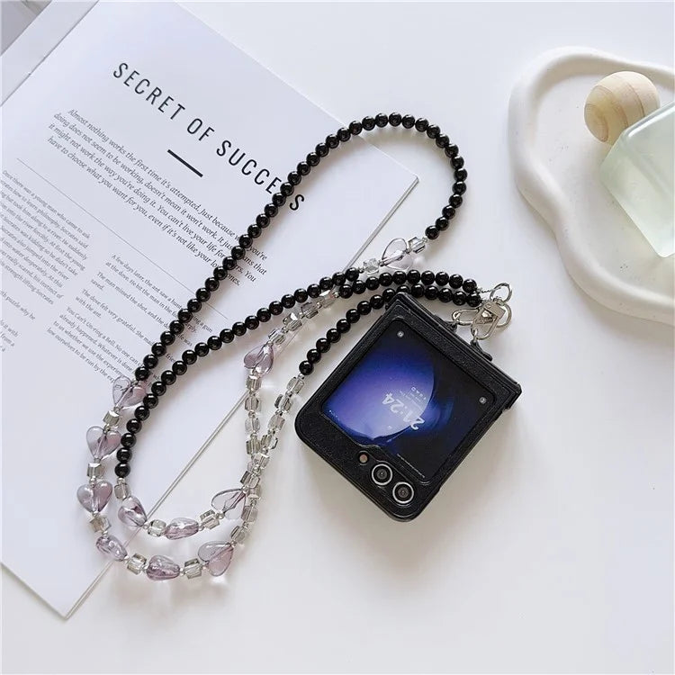 For Samsung Galaxy Z Flip6 5G Case Heart Pattern Leather+PC Phone Cover with Crossbody Beaded Strap