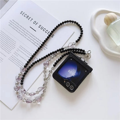 For Samsung Galaxy Z Flip6 5G Case Heart Pattern Leather+PC Phone Cover with Crossbody Beaded Strap