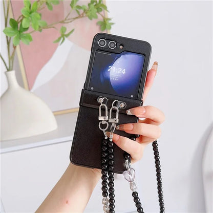 For Samsung Galaxy Z Flip6 5G Case Heart Pattern Leather+PC Phone Cover with Crossbody Beaded Strap