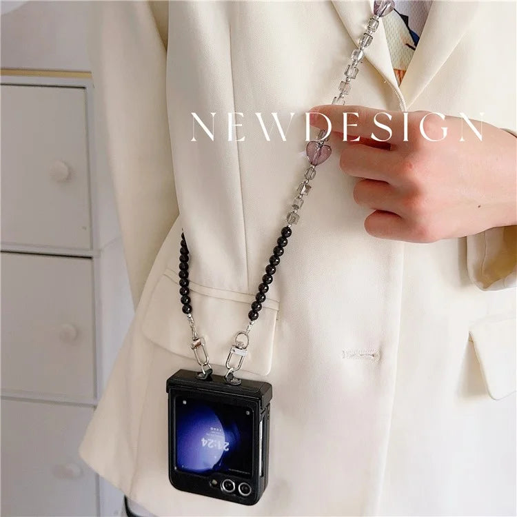 For Samsung Galaxy Z Flip6 5G Case Heart Pattern Leather+PC Phone Cover with Crossbody Beaded Strap