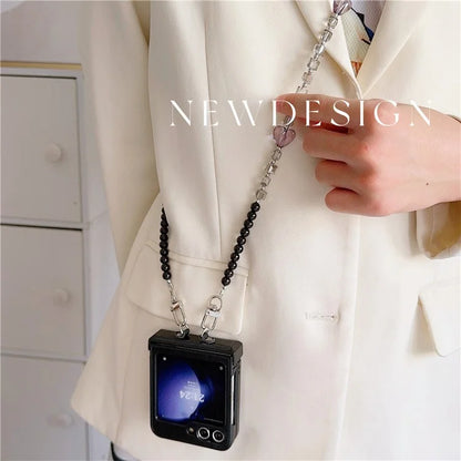For Samsung Galaxy Z Flip6 5G Case Heart Pattern Leather+PC Phone Cover with Crossbody Beaded Strap