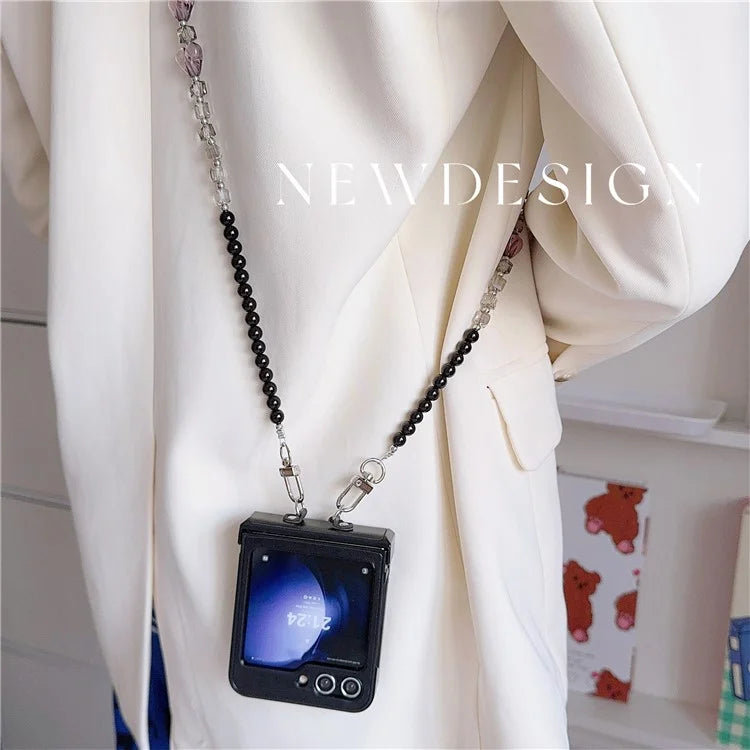 For Samsung Galaxy Z Flip6 5G Case Heart Pattern Leather+PC Phone Cover with Crossbody Beaded Strap