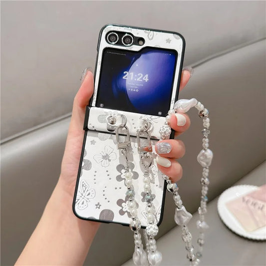 For Samsung Galaxy Z Flip6 5G Case Butterfly Pattern Leather+PC Phone Cover with Crossbody Beaded Strap