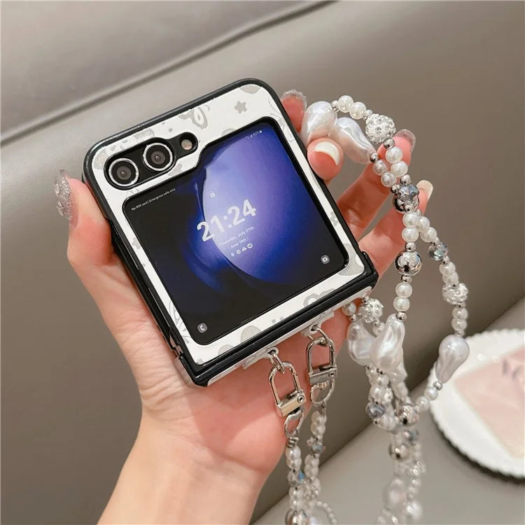 For Samsung Galaxy Z Flip6 5G Case Butterfly Pattern Leather+PC Phone Cover with Crossbody Beaded Strap