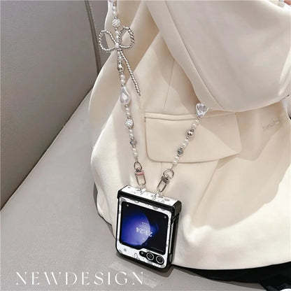 For Samsung Galaxy Z Flip6 5G Case Butterfly Pattern Leather+PC Phone Cover with Crossbody Beaded Strap
