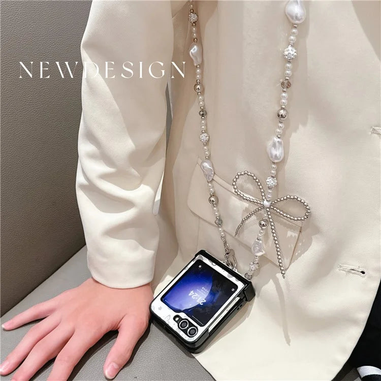 For Samsung Galaxy Z Flip6 5G Case Butterfly Pattern Leather+PC Phone Cover with Crossbody Beaded Strap
